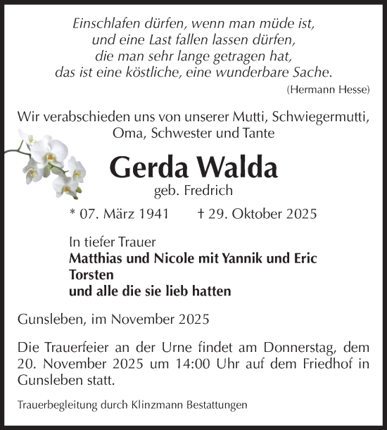 Traueranzeige von Gerda Walda von Volksstimme Oschersleben/Wanzleben