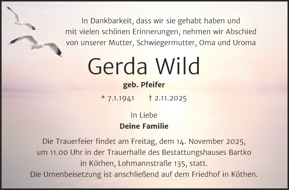  Traueranzeige für Gerda Wild vom 08.11.2025 aus Trauerkombi Köthen