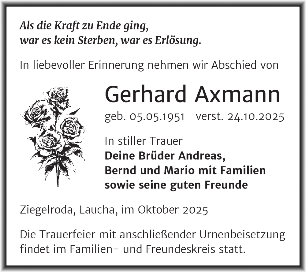  Traueranzeige für Gerhard Axmann vom 08.11.2025 aus Trauerkombi Merseburg