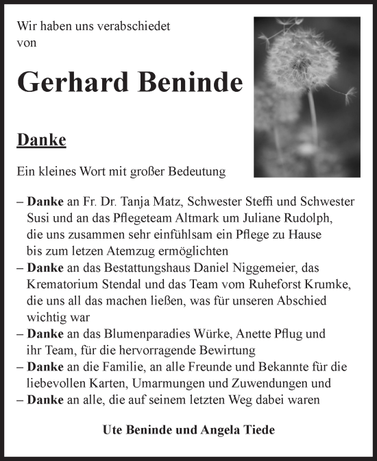 Traueranzeige von Gerhard Beninde von Volksstimme Altmark Ost