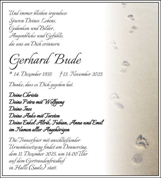 Traueranzeige von Gerhard Bude von Mitteldeutsche Zeitung Halle/Saalkreis