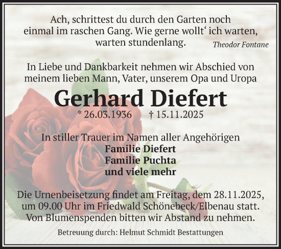Traueranzeige von Gerhard Diefert von Volksstimme Magdeburg