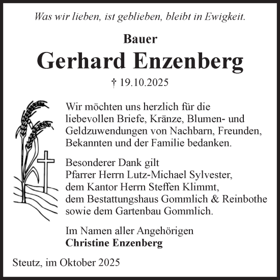 Traueranzeige von Gerhard Enzenberg von Volksstimme Zerbst