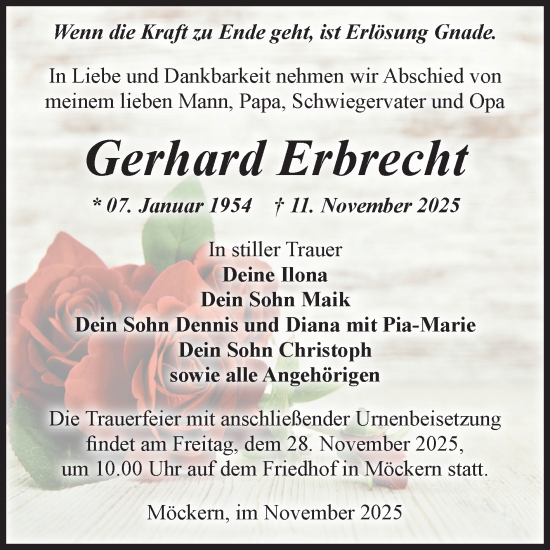 Traueranzeige von Gerhard Erbrecht von Volksstimme Burg/Genthin