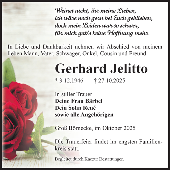 Traueranzeige von Gerhard Jelitto von Volksstimme Staßfurt