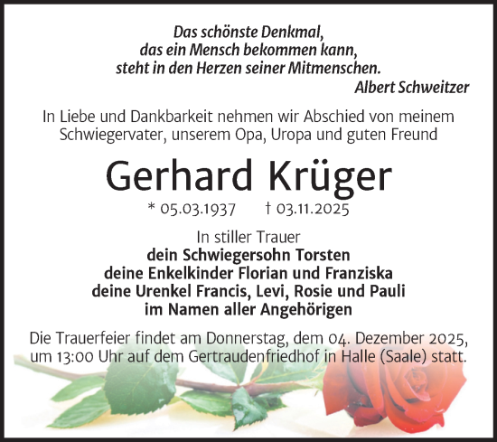 Traueranzeige von Gerhard Krüger von Mitteldeutsche Zeitung Halle/Saalkreis