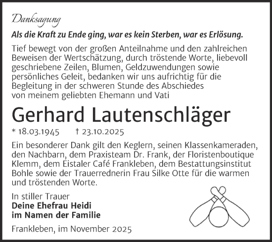 Traueranzeige von Gerhard Lautenschläger von Trauerkombi Merseburg