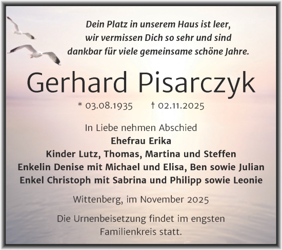 Traueranzeige von Gerhard Pisarczyk von Trauerkombi Wittenberg