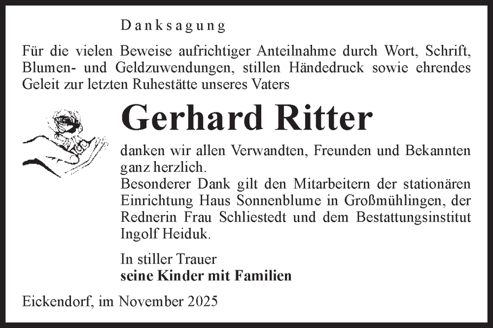  Traueranzeige für Gerhard Ritter vom 15.11.2025 aus Volksstimme Schönebeck