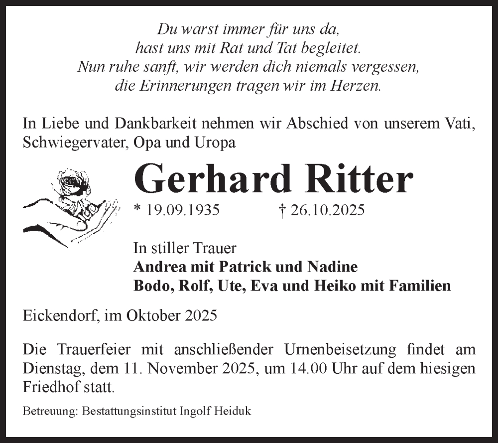  Traueranzeige für Gerhard Ritter vom 01.11.2025 aus Volksstimme Schönebeck