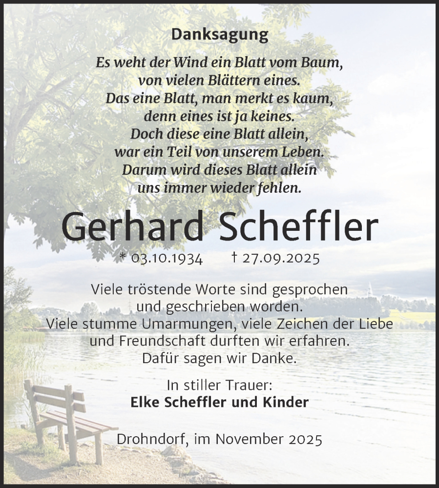  Traueranzeige für Gerhard Scheffler vom 14.11.2025 aus Trauerkombi Aschersleben