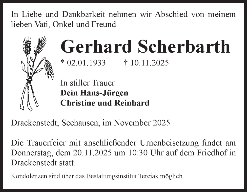  Traueranzeige für Gerhard Scherbarth vom 15.11.2025 aus Volksstimme Oschersleben/Wanzleben