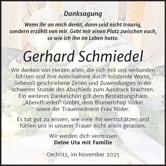 Traueranzeige von Gerhard Schmiedel von Trauerkombi Merseburg