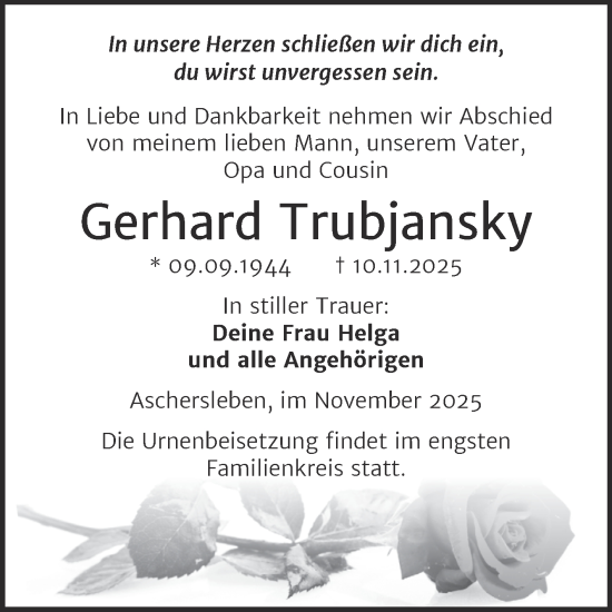 Traueranzeige von Gerhard Trubjansky von Trauerkombi Aschersleben