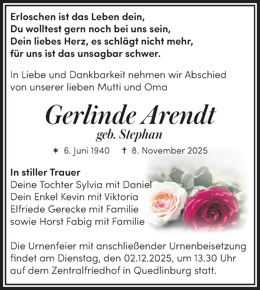  Traueranzeige für Gerlinde Arendt vom 22.11.2025 aus Trauerkombi Quedlinburg