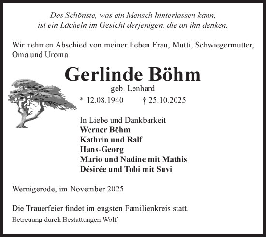 Traueranzeige von Gerlinde Böhm von Volksstimme Wernigerode