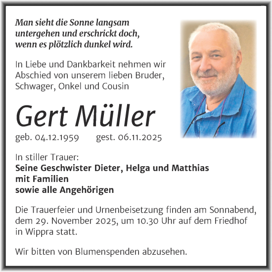 Traueranzeige von Gert Müller von Trauerkombi Mansfelder Land