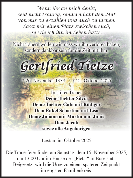 Traueranzeige von Gertfried Tietze von Volksstimme Magdeburg