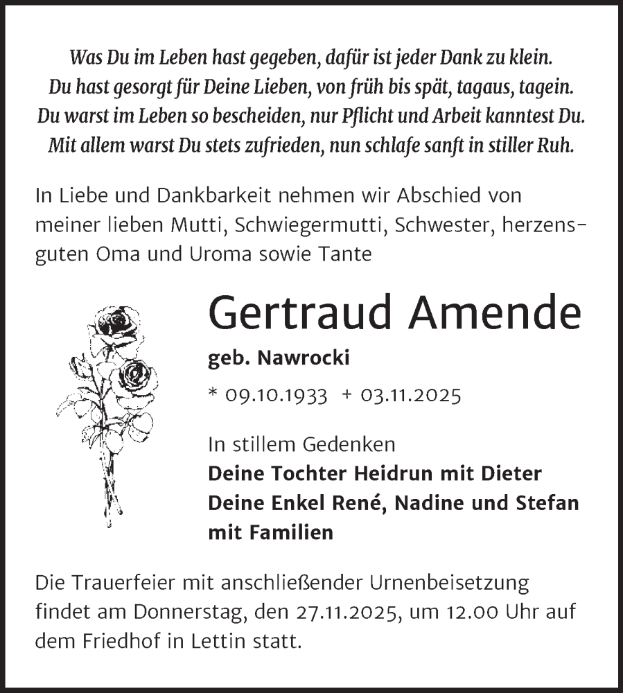  Traueranzeige für Gertraud Amende vom 15.11.2025 aus Mitteldeutsche Zeitung Halle/Saalkreis