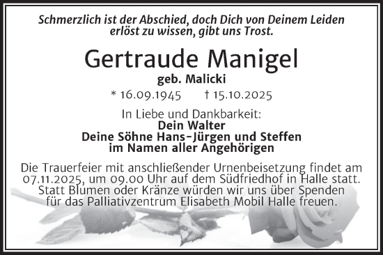 Traueranzeige von Gertraude Manigel von Mitteldeutsche Zeitung Halle/Saalkreis