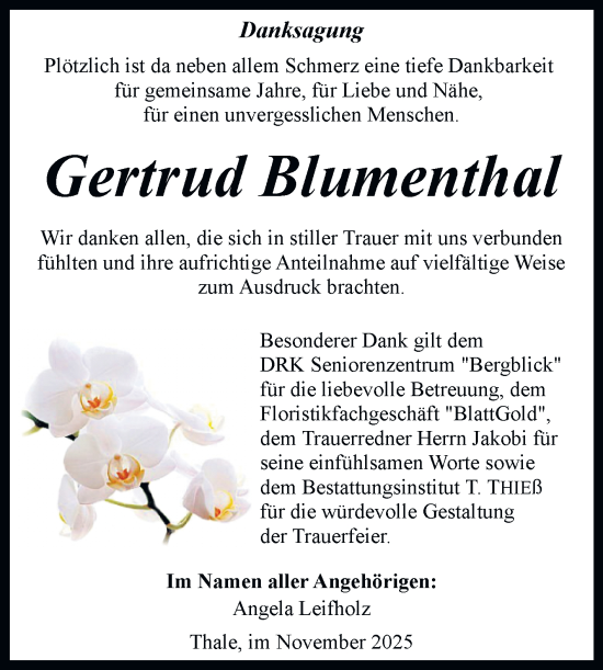 Traueranzeige von Gertrud Blumenthal von Trauerkombi Quedlinburg