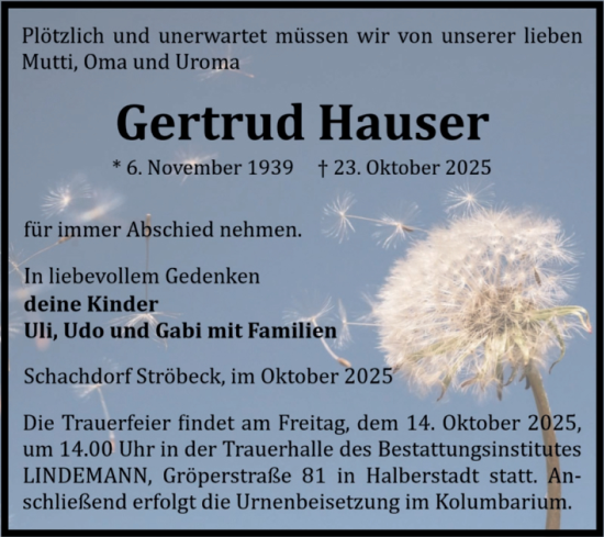 Traueranzeige von Gertrud Hauser von Volksstimme Halberstadt