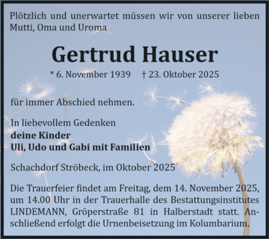 Traueranzeige von Gertrud Hauser von Volksstimme Halberstadt