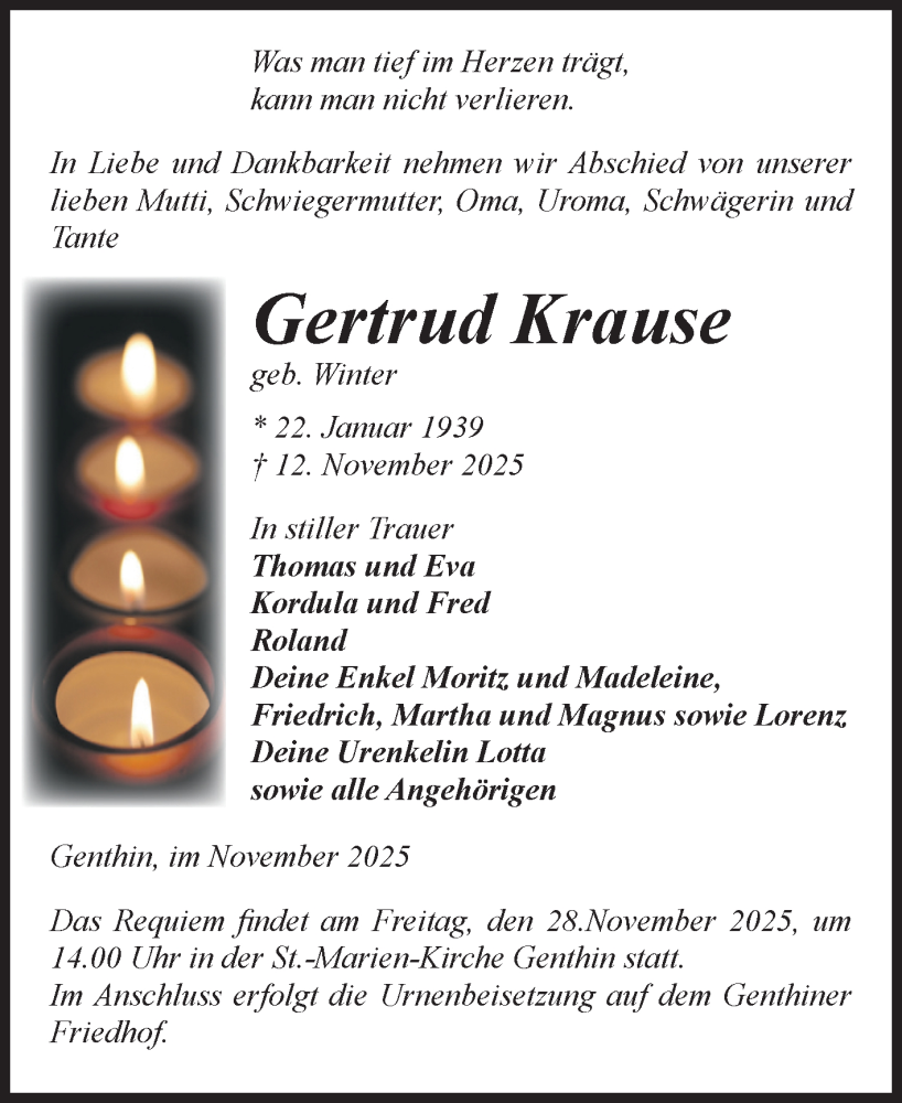  Traueranzeige für Gertrud Krause vom 15.11.2025 aus Volksstimme Burg/Genthin