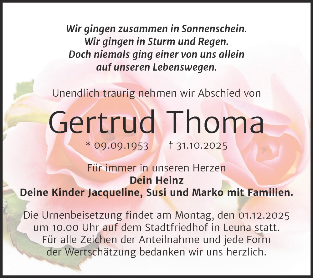  Traueranzeige für Gertrud Thoma vom 15.11.2025 aus Trauerkombi Merseburg
