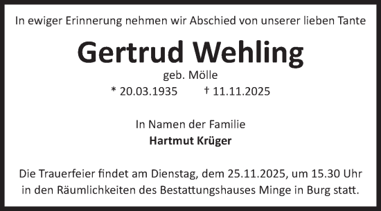 Traueranzeige von Gertrud Wehling von Volksstimme Magdeburg