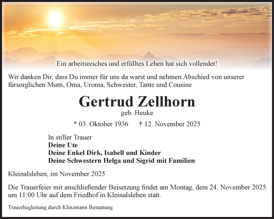 Traueranzeige von Gertrud Zellhorn von Volksstimme Oschersleben/Wanzleben