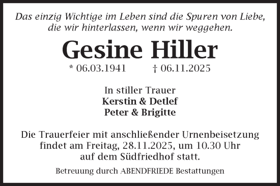 Traueranzeige von Gesine Hiller von Volksstimme Magdeburg
