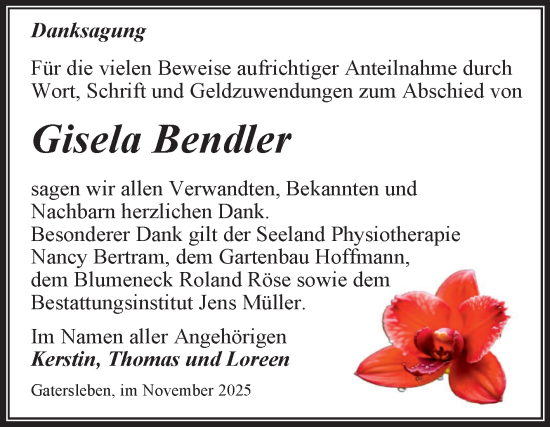 Traueranzeige von Gisela Bendler von Trauerkombi Aschersleben