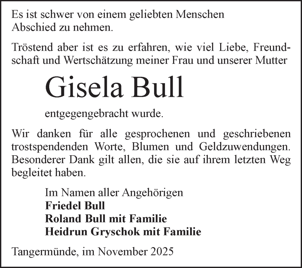  Traueranzeige für Gisela Bull vom 22.11.2025 aus Volksstimme Altmark Ost