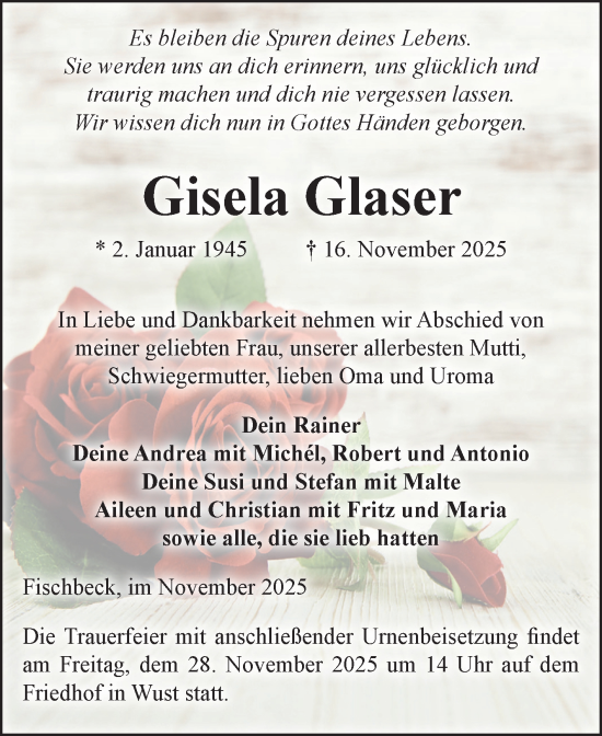 Traueranzeige von Gisela Glaser von Volksstimme Altmark Ost