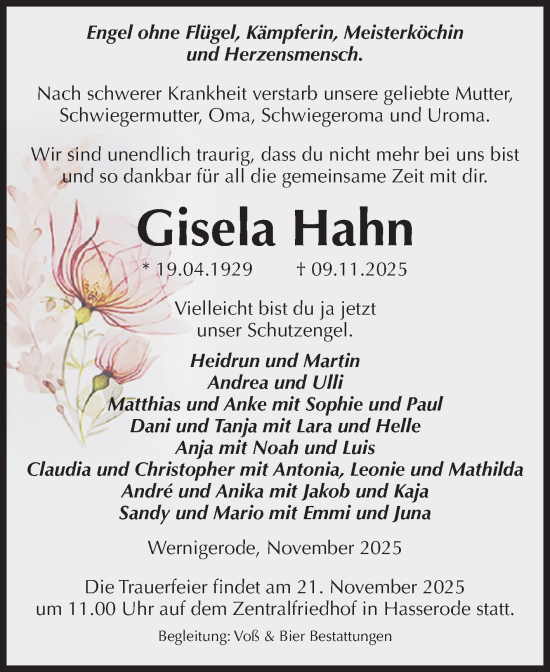 Traueranzeige von Gisela Hahn von Volksstimme Wernigerode