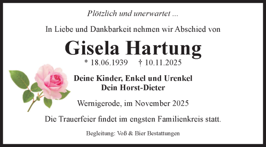 Traueranzeige von Gisela Hartung von Volksstimme Wernigerode