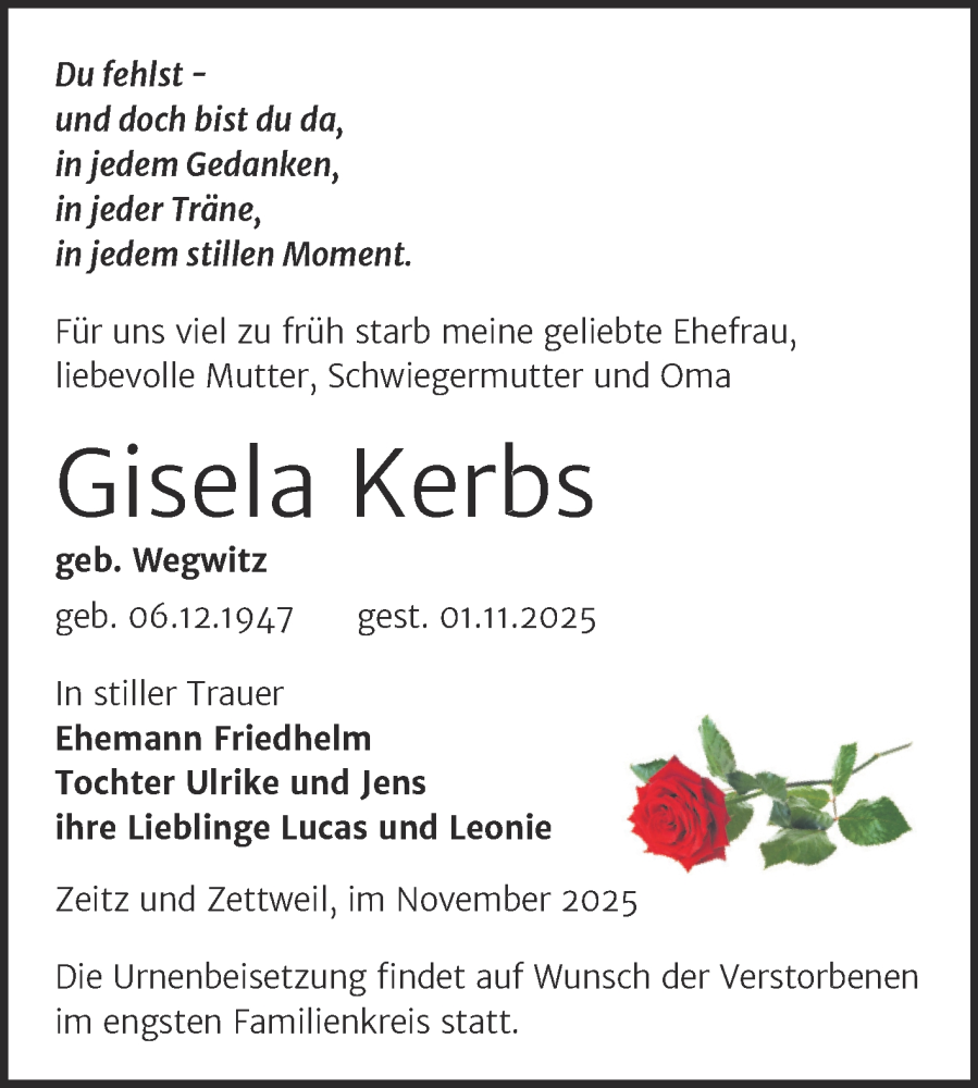  Traueranzeige für Gisela Kerbs vom 08.11.2025 aus Trauerkombi Zeitz