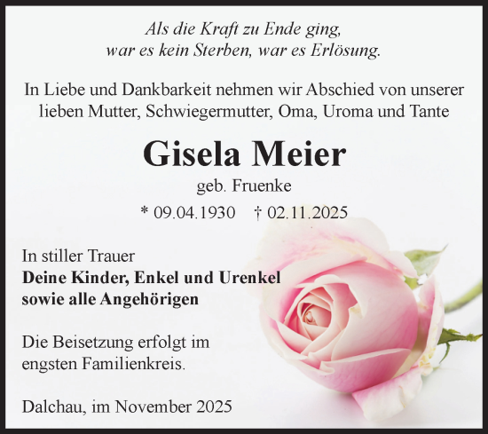 Traueranzeige von Gisela Meier von Volksstimme Zerbst