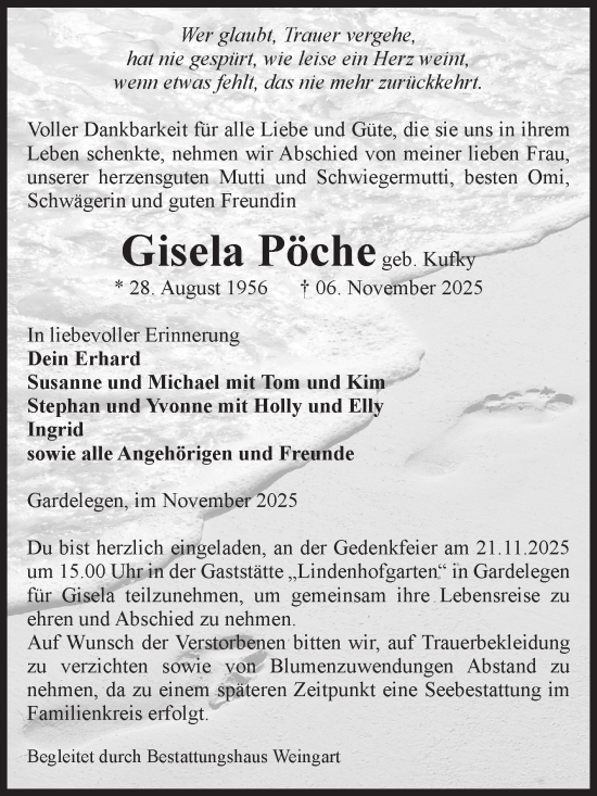 Traueranzeige von Gisela Pöche von Volksstimme Altmark West