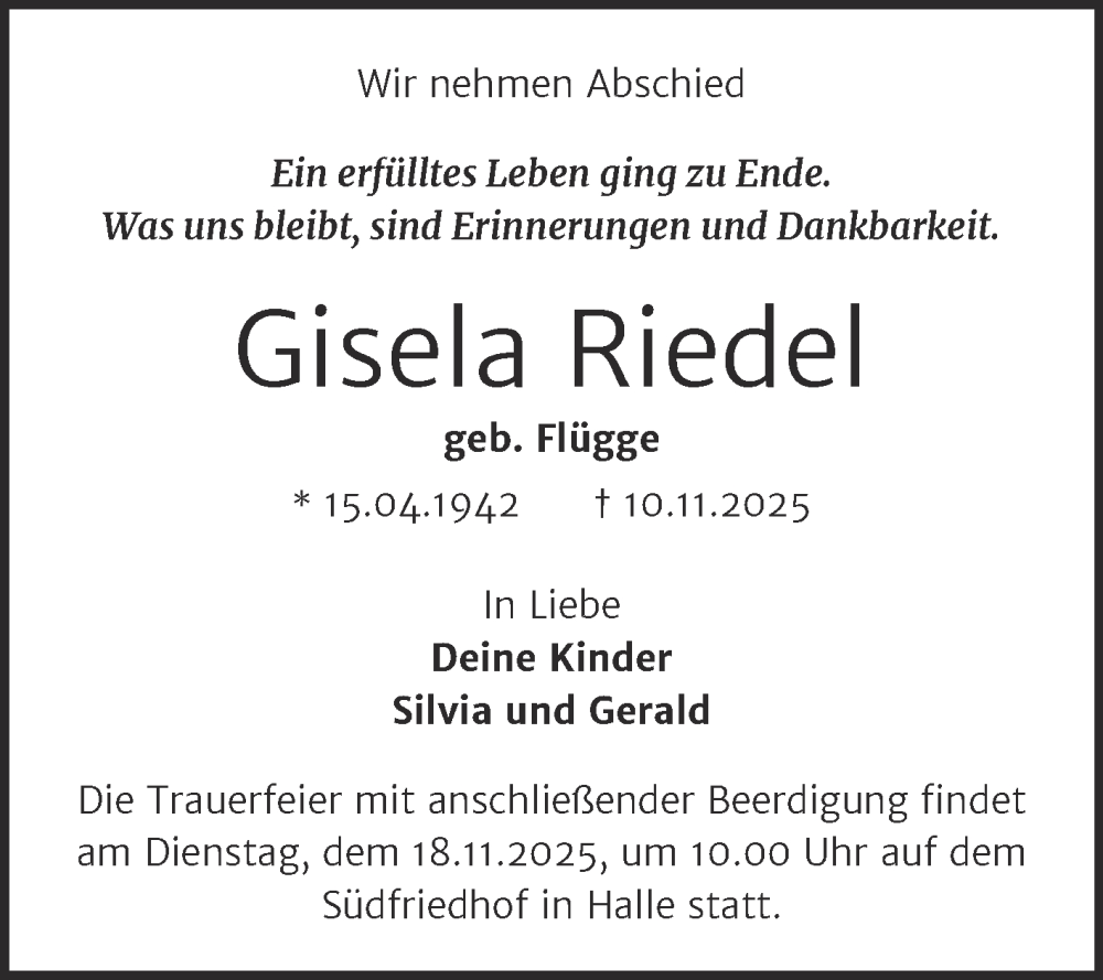  Traueranzeige für Gisela Riedel vom 15.11.2025 aus Mitteldeutsche Zeitung Halle/Saalkreis
