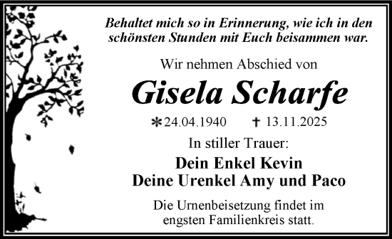 Traueranzeige von Gisela Scharfe von Trauerkombi Dessau