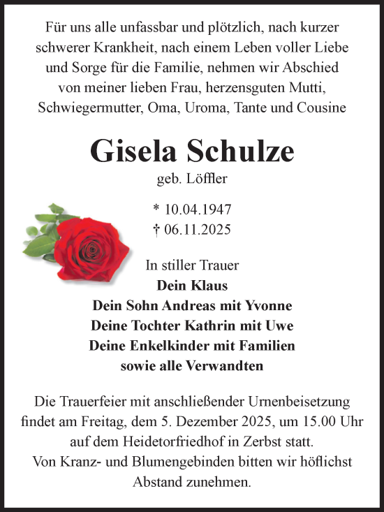 Traueranzeige von Gisela Schulze von Volksstimme Zerbst