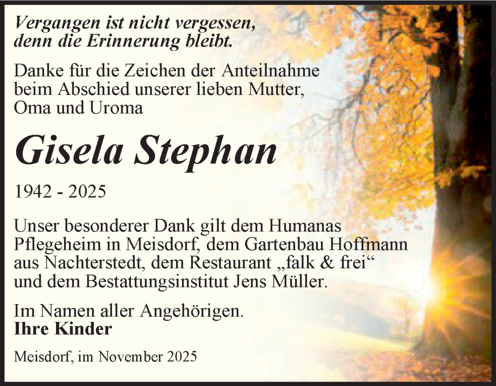  Traueranzeige für Gisela Stephan vom 15.11.2025 aus Trauerkombi Quedlinburg