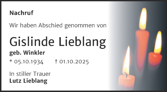 Traueranzeige von Gislinde Lieblang von Trauerkombi Wittenberg