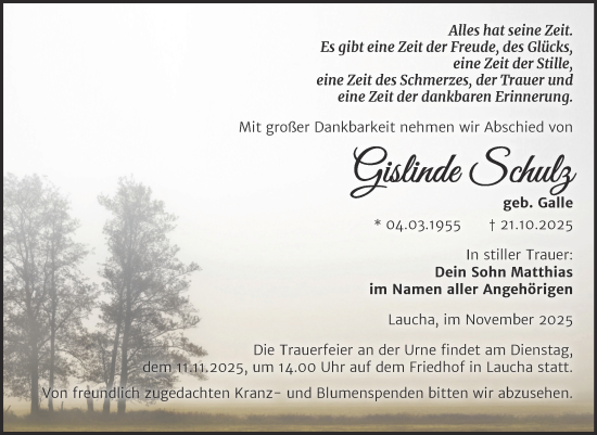 Traueranzeige von Gislinde Schulz von Naumburger Tageblatt