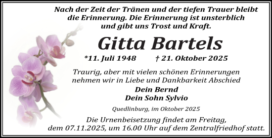 Traueranzeige von Gitta Bartels von Trauerkombi Quedlinburg