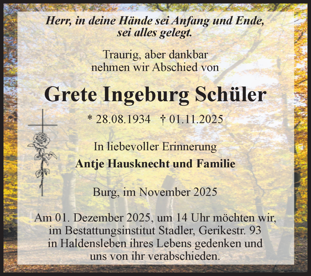  Traueranzeige für Grete Ingeburg Schüler vom 15.11.2025 aus Volksstimme Burg/Genthin