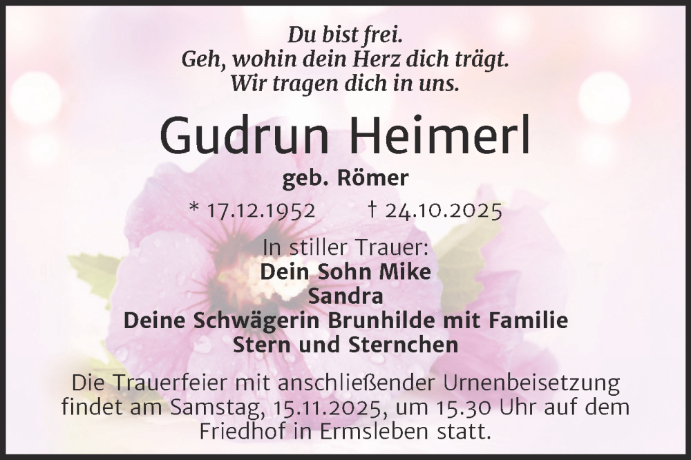  Traueranzeige für Gudrun Heimerl vom 08.11.2025 aus Trauerkombi Quedlinburg