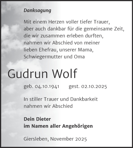 Traueranzeige von Gudrun Wolf von Trauerkombi Aschersleben